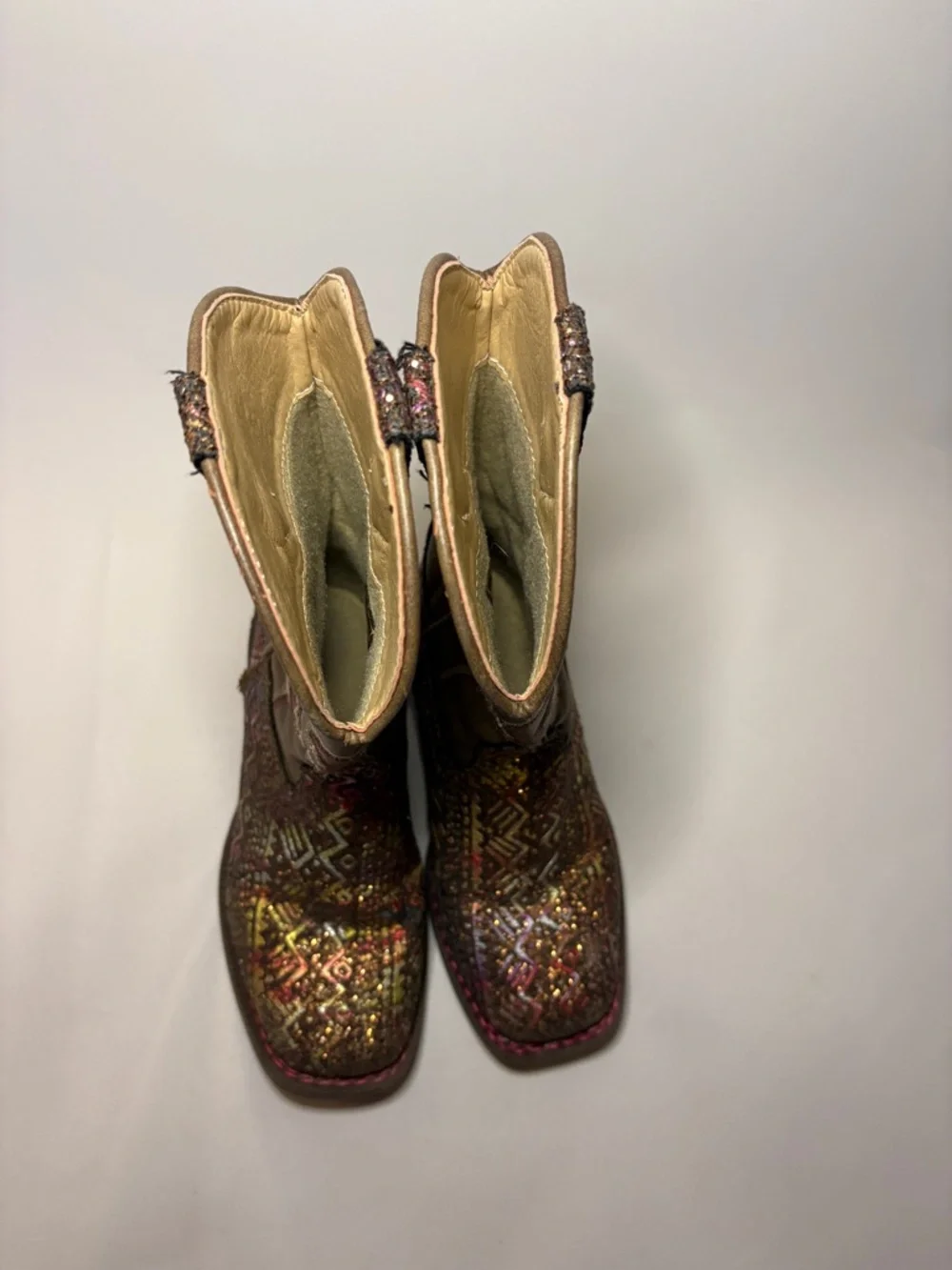 Roper Kids Aztec Glitter Square Toe wCowboy Boots‎ Brown Multi Color Size 12 EUC